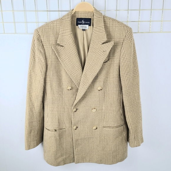 Ralph Lauren Tan Herringbone Wool Blend Double Breasted 90s Vintage Blazer - Picture 2 of 11